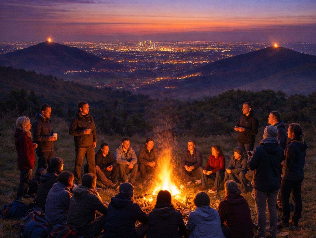 Beacons lit on hilltops above a city at dusk