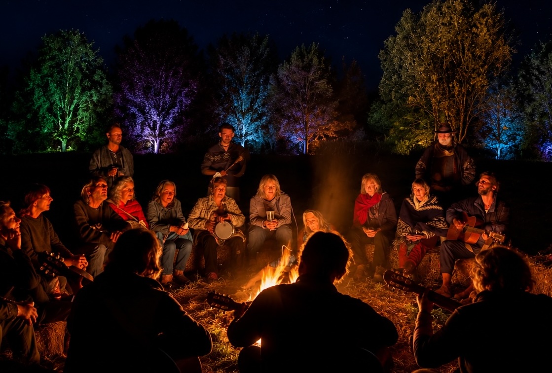 Community choir singing around the campfire at Campout
