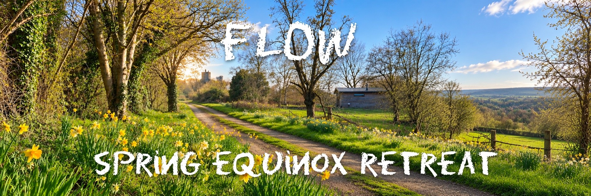 Flow — Spring Equinox Retreat, a daffodil-lined path leading to a cabin at Trealy Farm