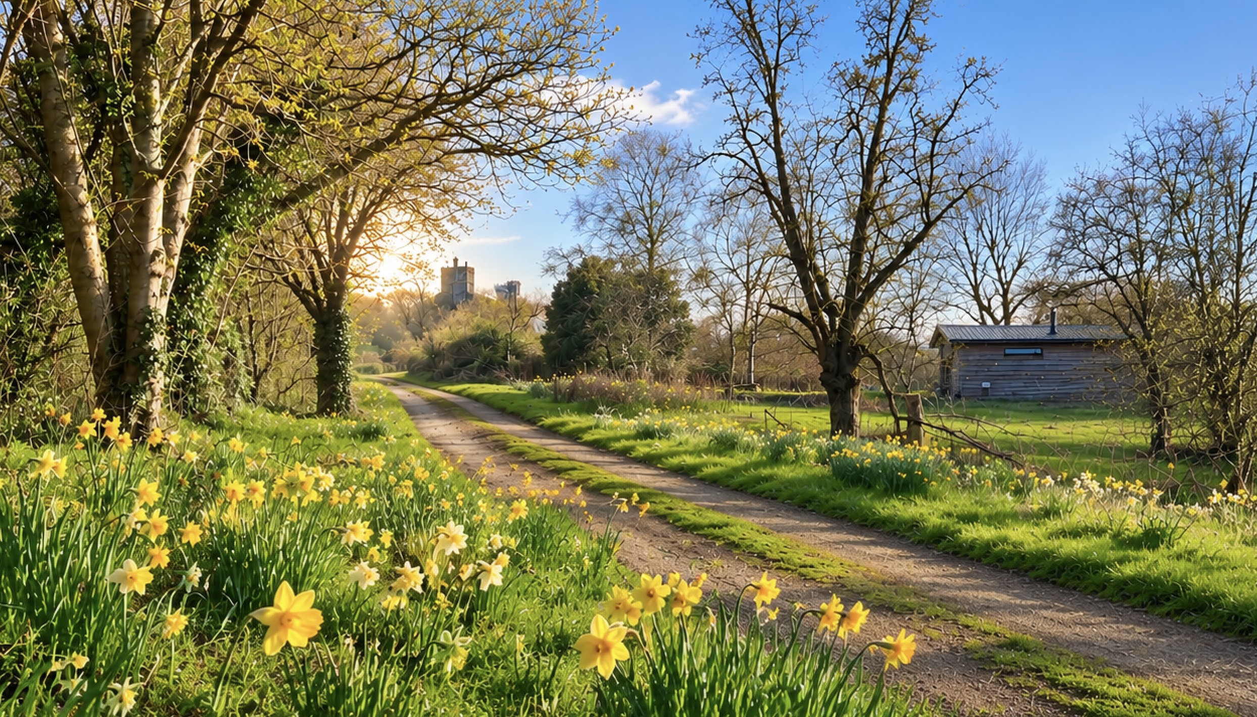A daffodil-lined path at Trealy Farm in spring — home of the Flow Spring Equinox Retreat