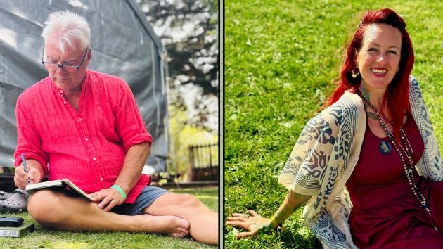 Pete Lawrence writing outdoors, and Lizi Sage smiling on the grass