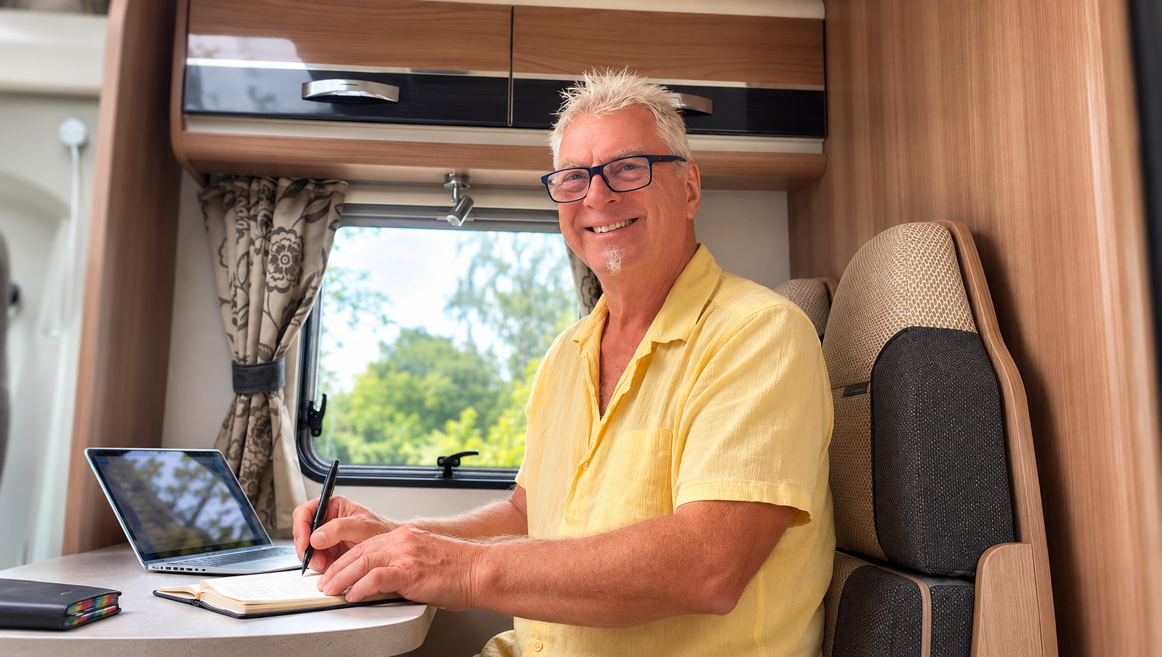 Pete Lawrence writing in his camper van