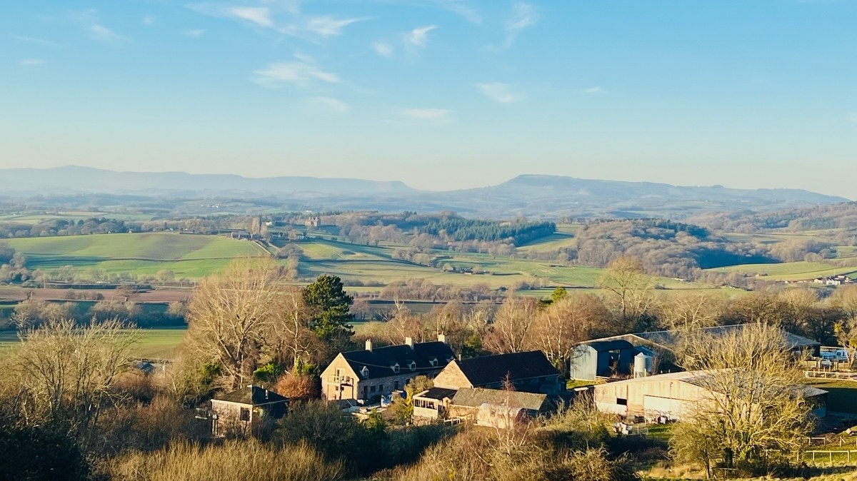 Aerial view of Trealy Farm and the Welsh countryside near Monmouth
